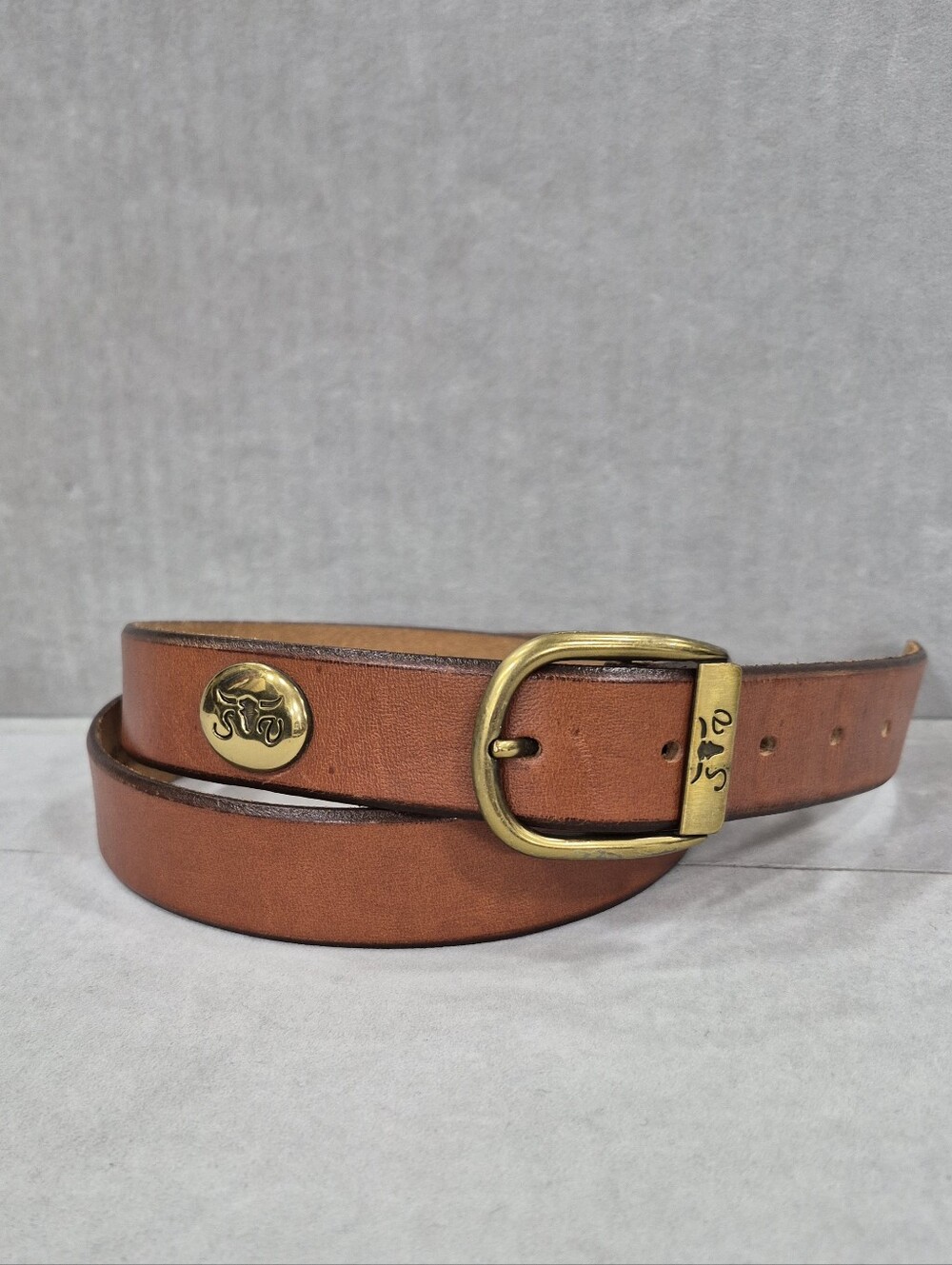 Western belt men's 36 brown harness leather gold buckle engraved steer head